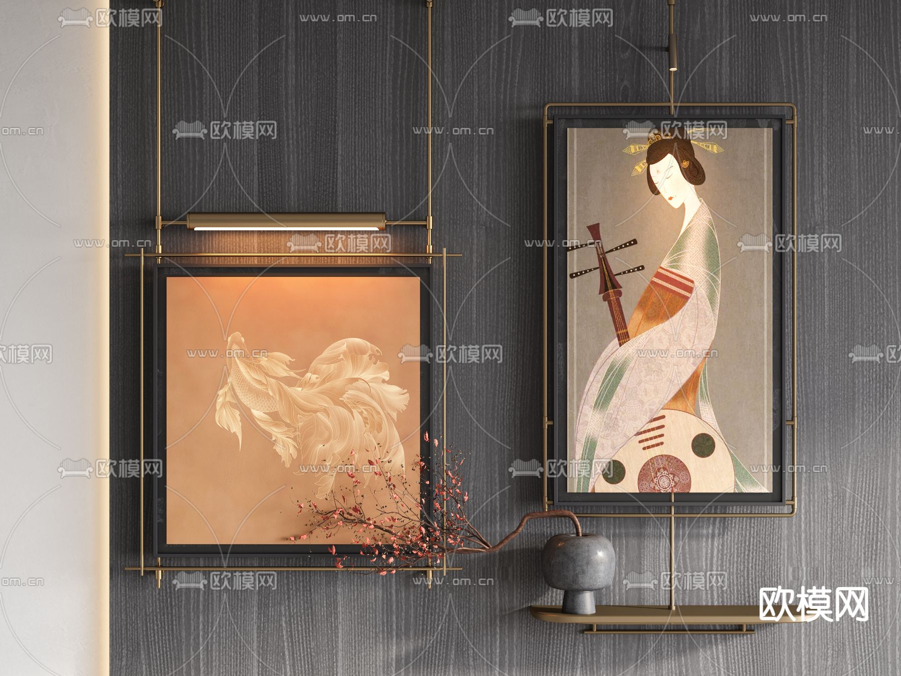 日式人像画 艺术画 装饰画 壁画灯3d模型下载