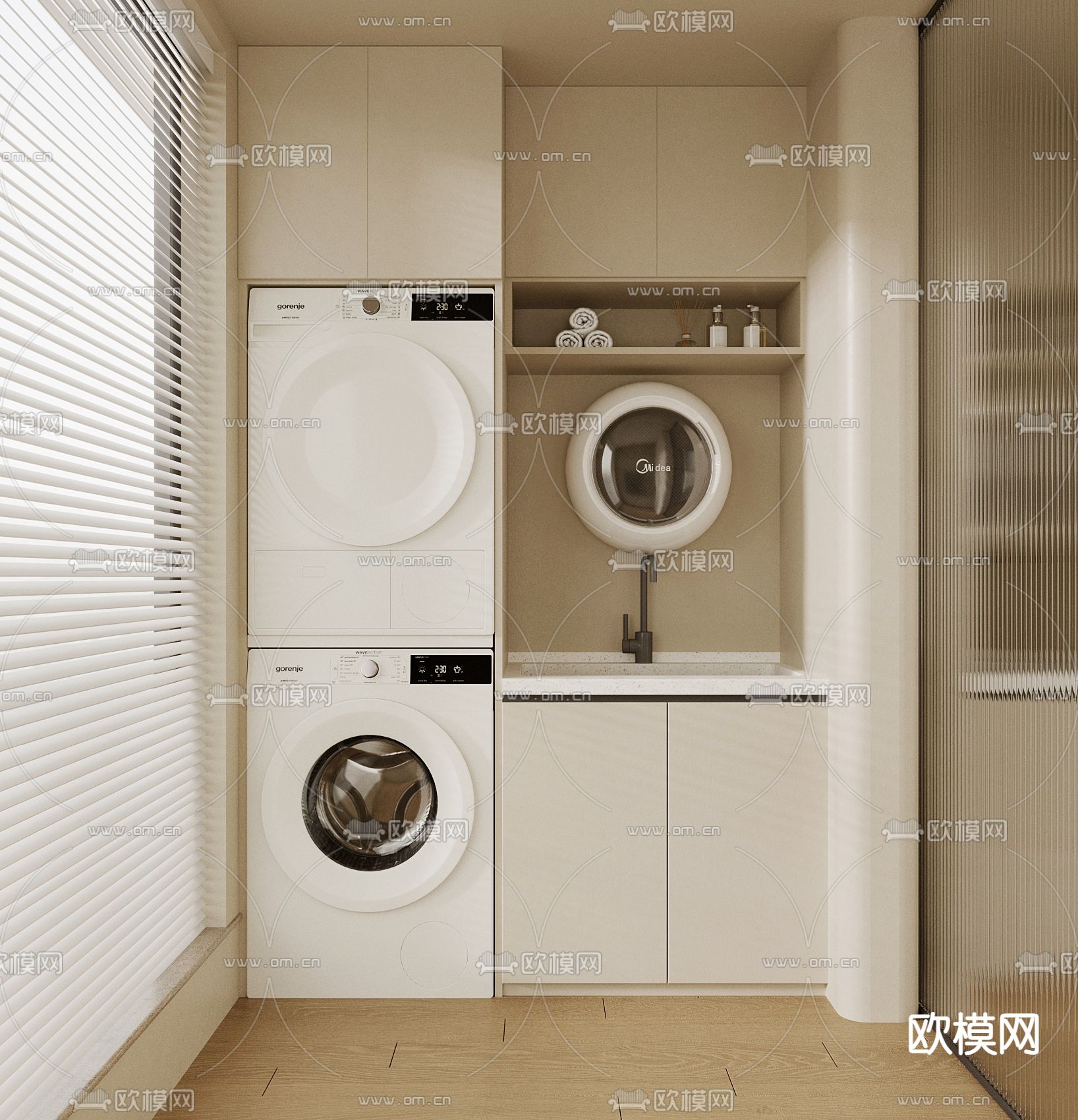 奶油风阳台 洗衣房3d模型下载