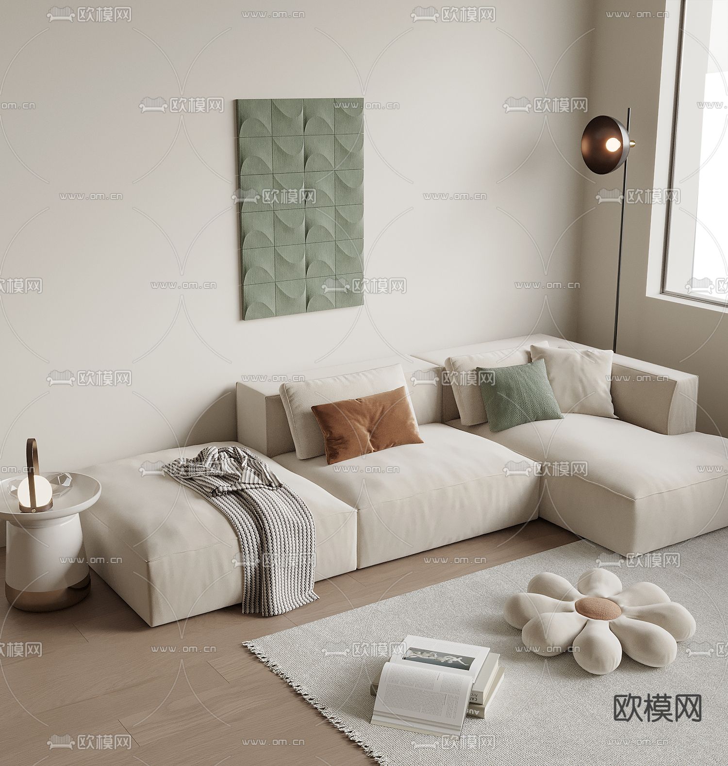 奶油风沙发 多人沙发3d模型下载