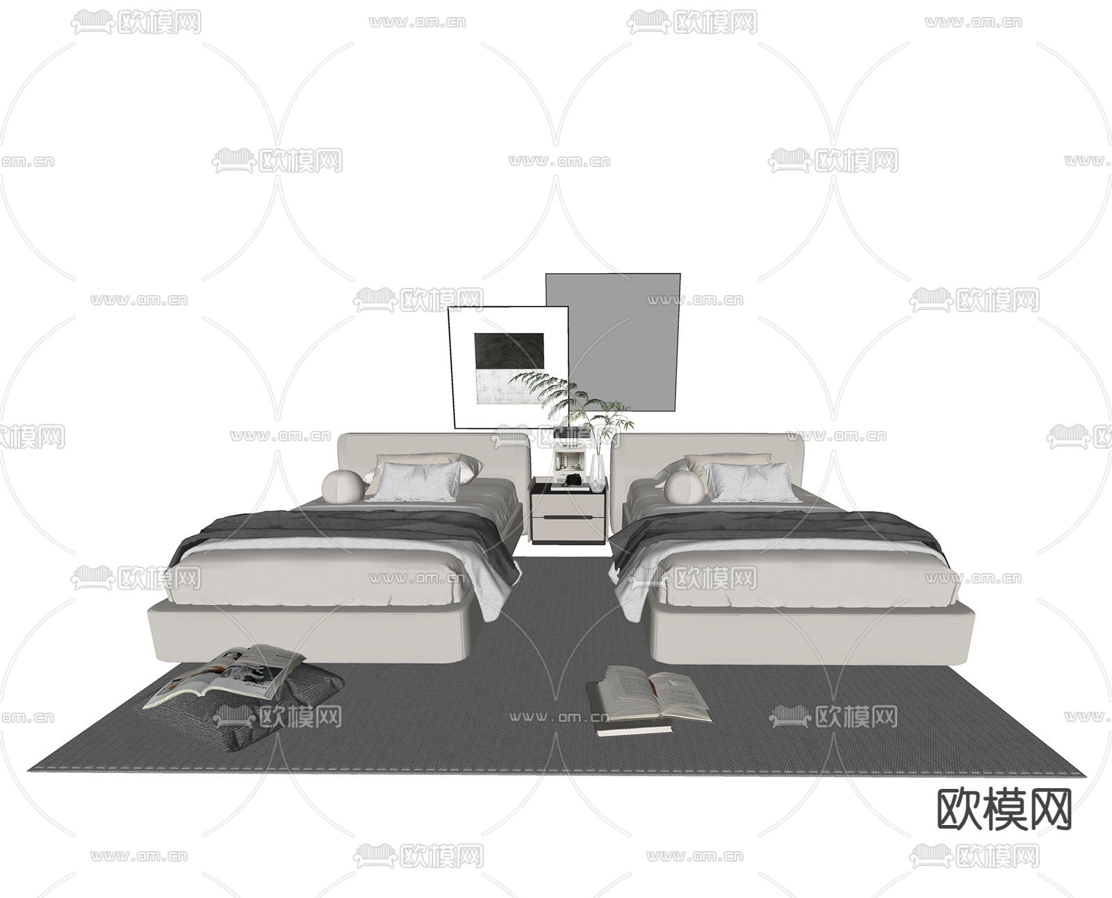 现代单人床su模型下载（渲染图1）