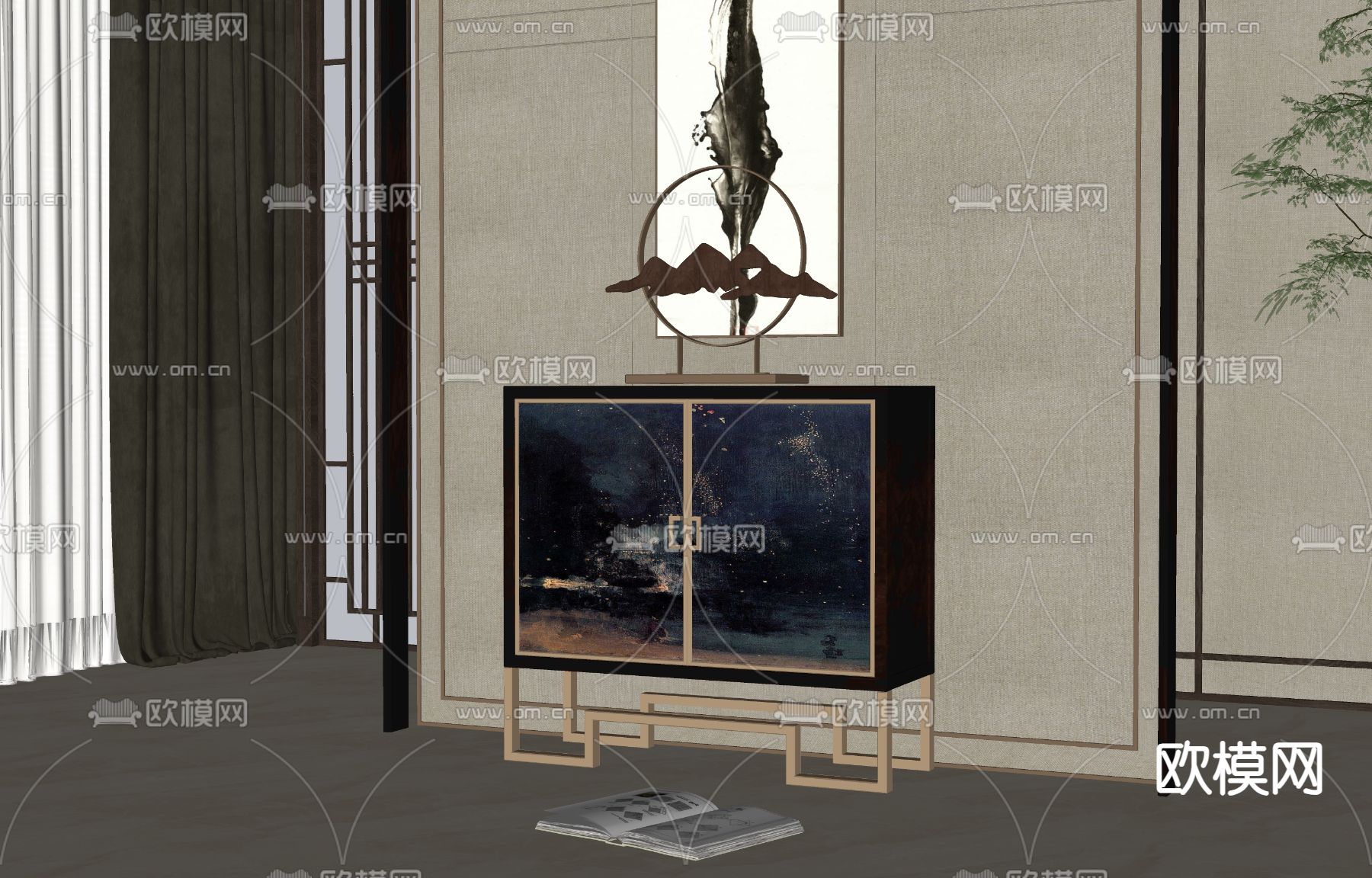 新中式玄关柜su模型下载（渲染图1）