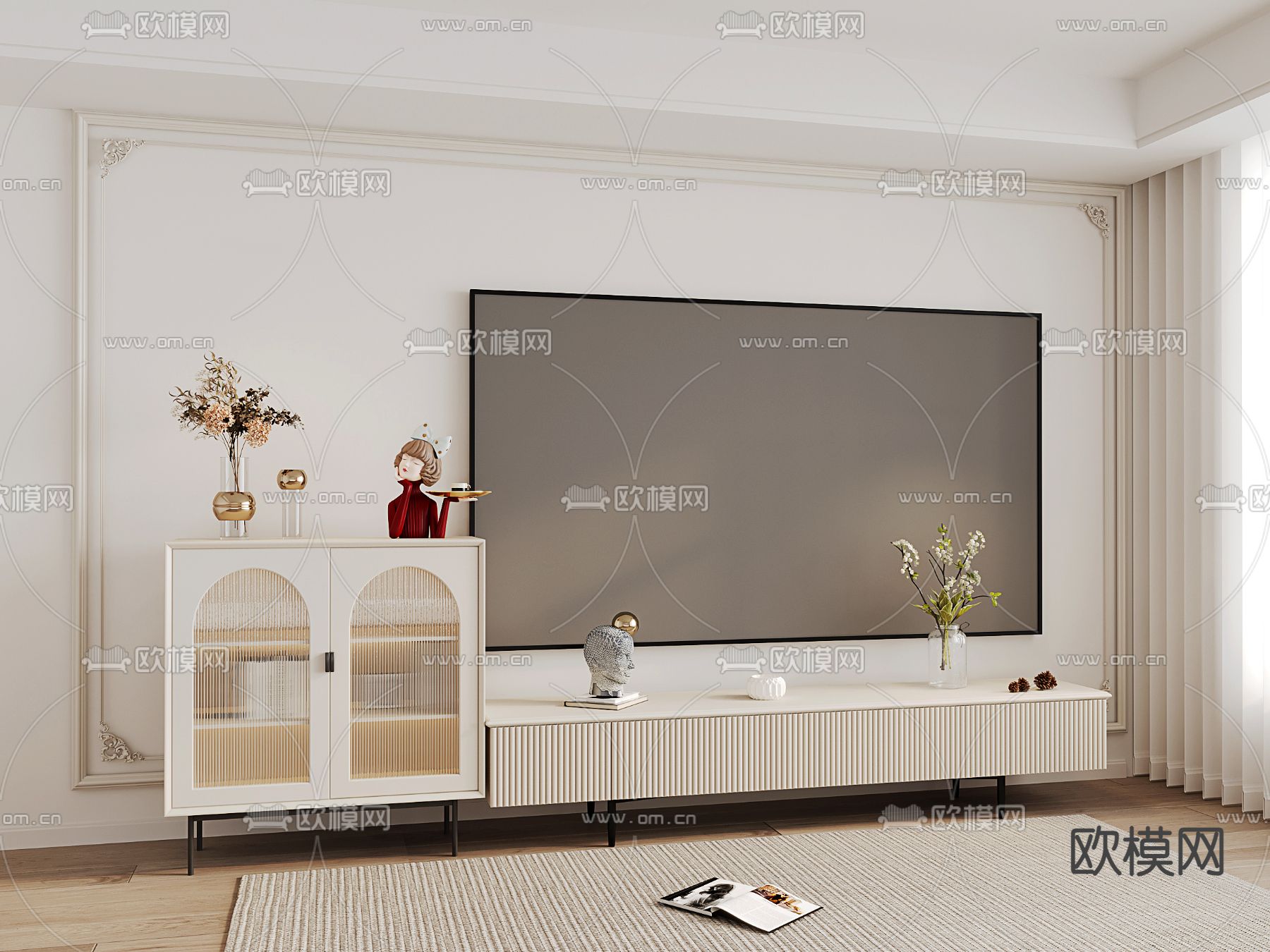 奶油风电视柜3d模型下载