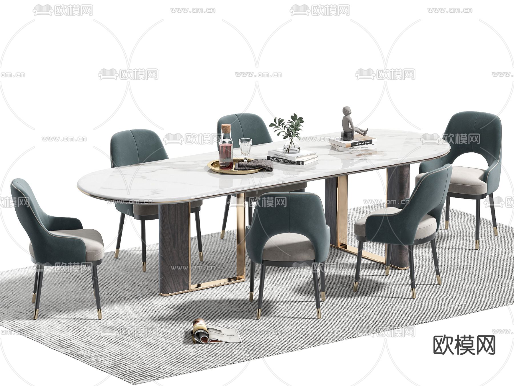 轻奢餐桌椅 椭圆餐桌su模型下载（渲染图2）