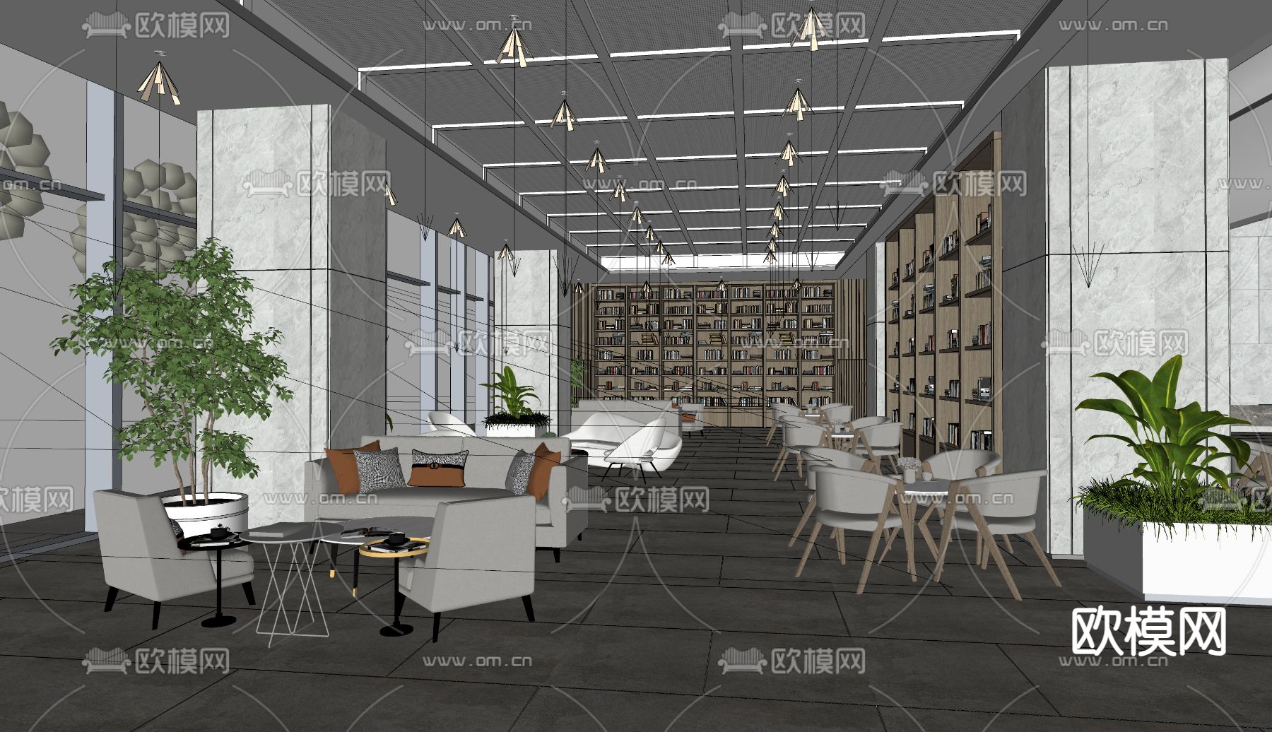 图书馆 阅览室su模型下载（渲染图1）