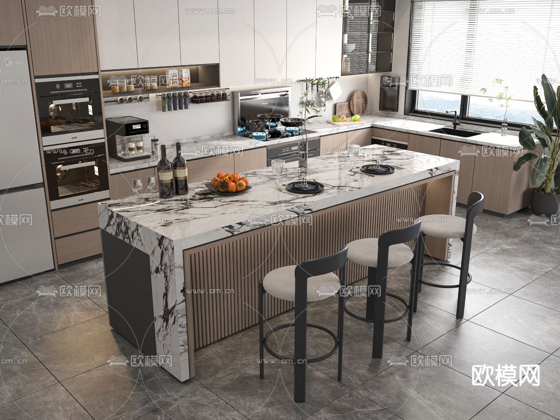 开放式厨房中岛台su模型下载（渲染图2）