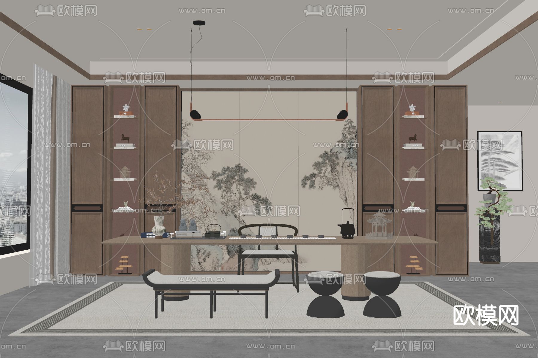 新中式茶室su模型下载_ID14351699_sketchup模型下载-欧模网