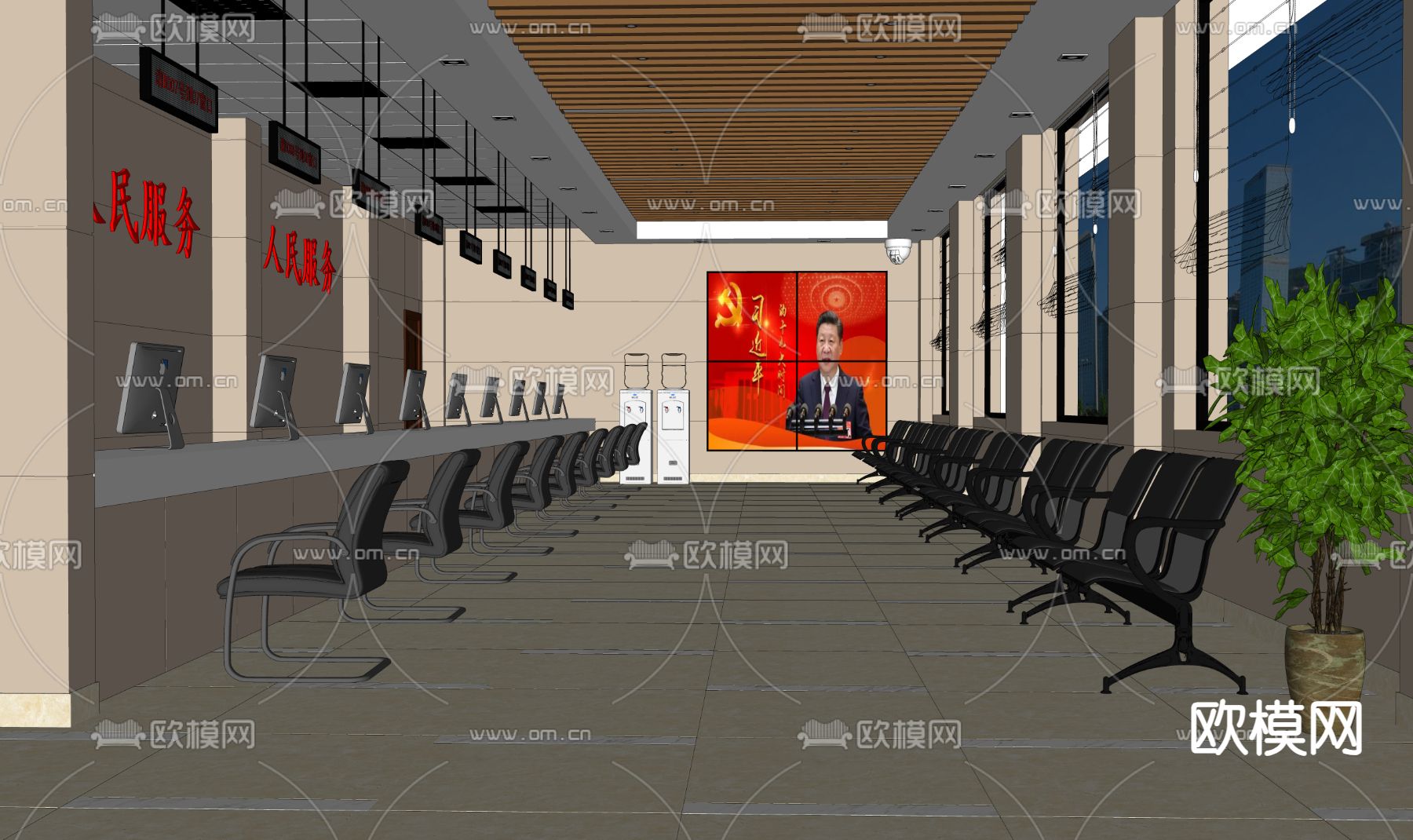 现代办事大厅su模型下载（渲染图1）