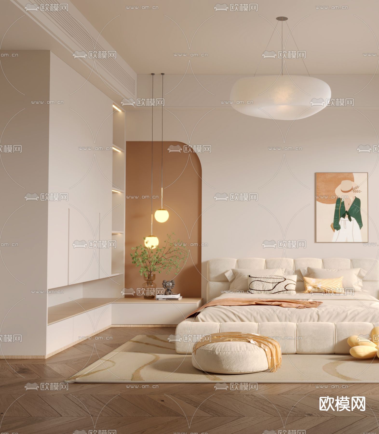 奶油风卧室 主卧 主人房3d模型下载（渲染图2）