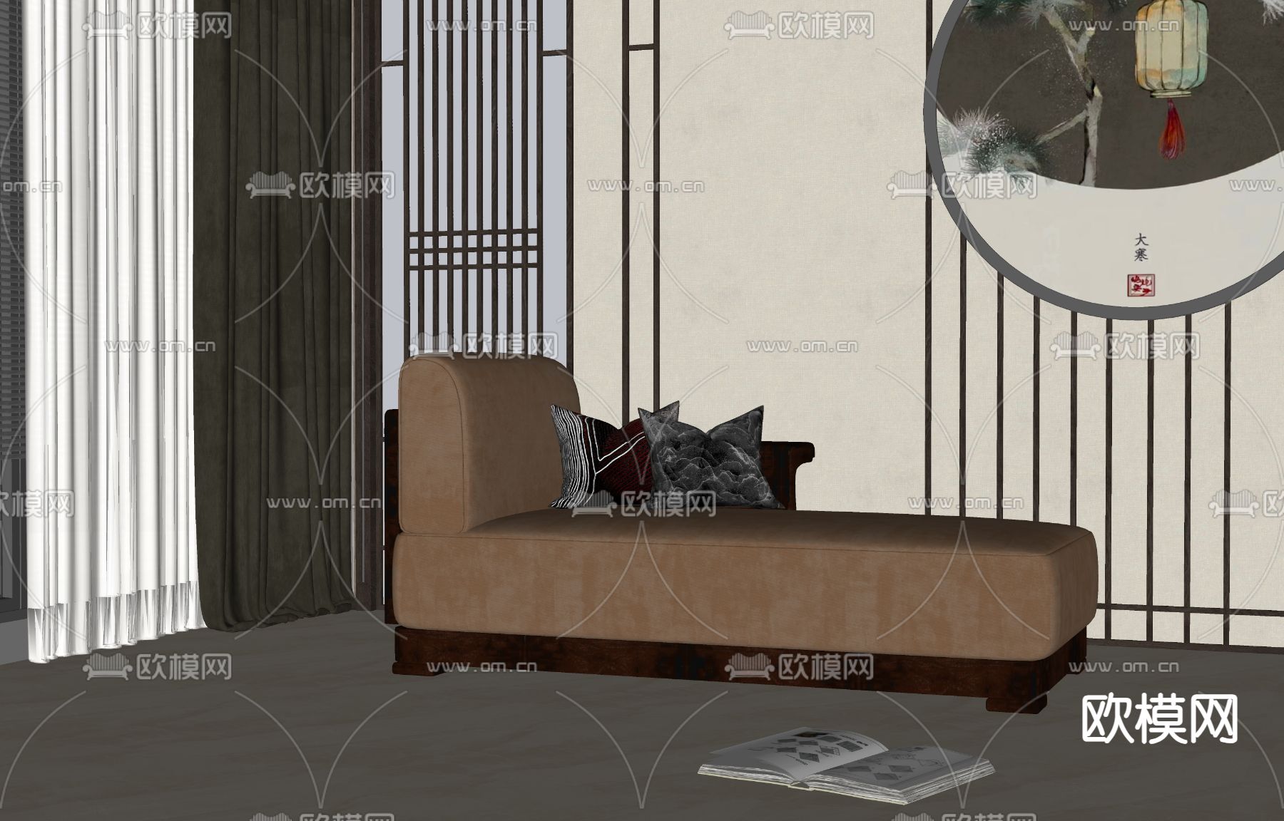 新中式贵妃椅su模型下载（渲染图1）