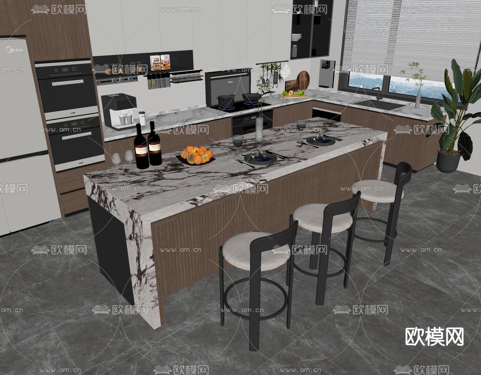 开放式厨房中岛台su模型下载（渲染图1）