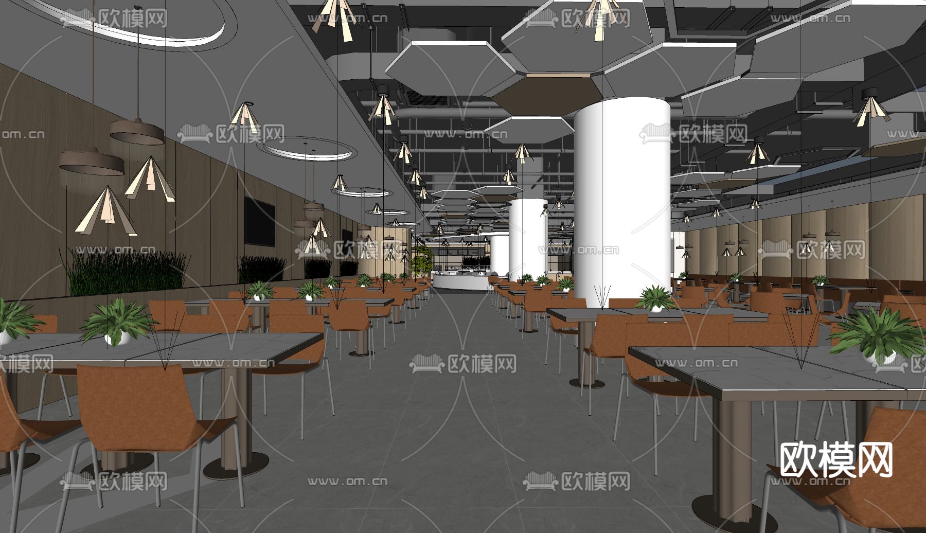 职工食堂 员工餐厅su模型下载（渲染图1）