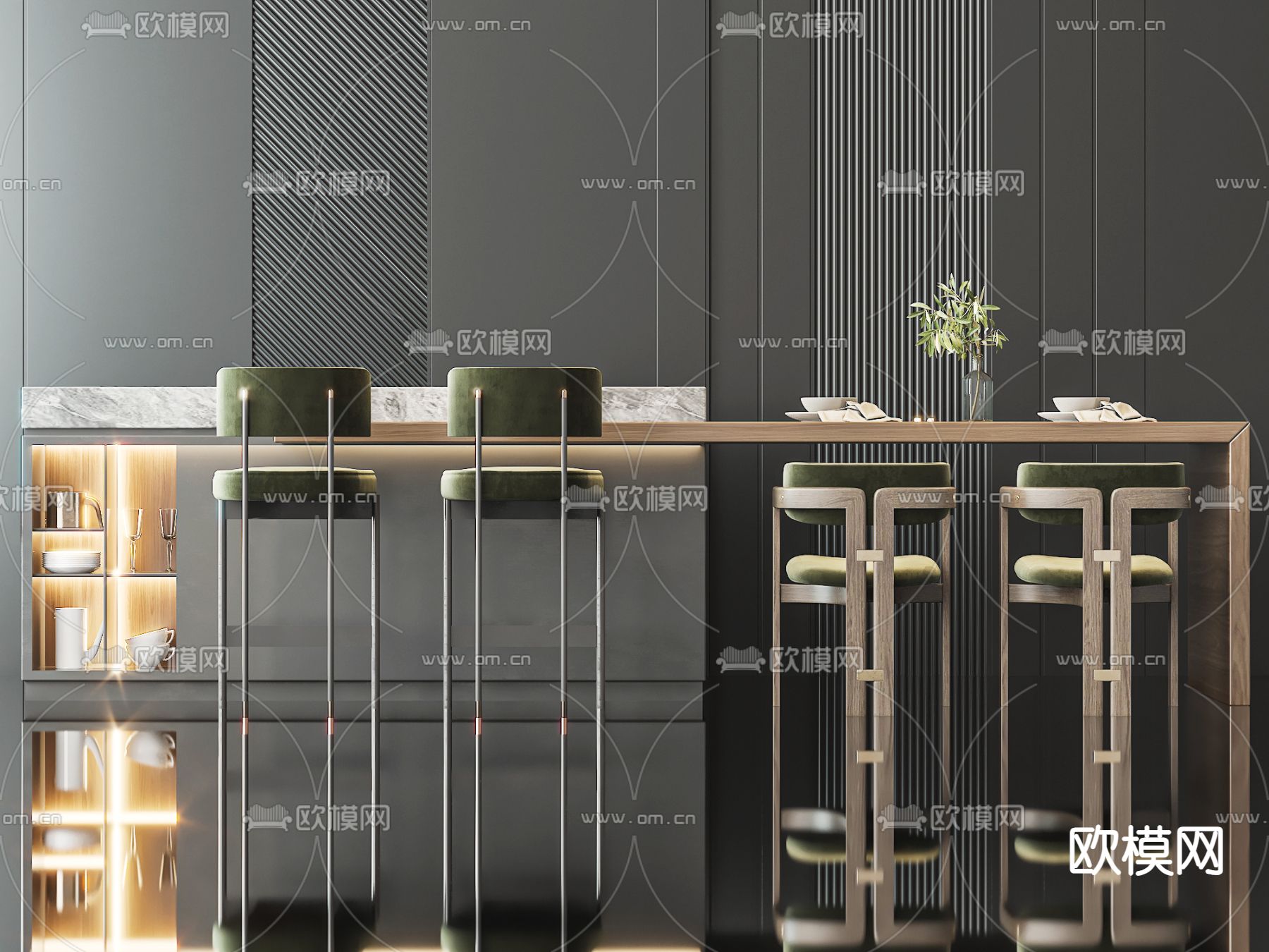 现代吧台 中岛台 吧椅3d模型下载