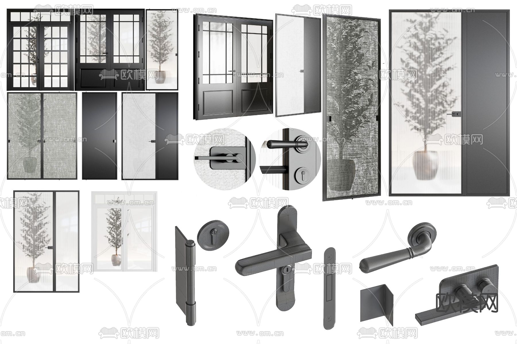 现代双开门 推拉门 单开门 门把手3d模型下载