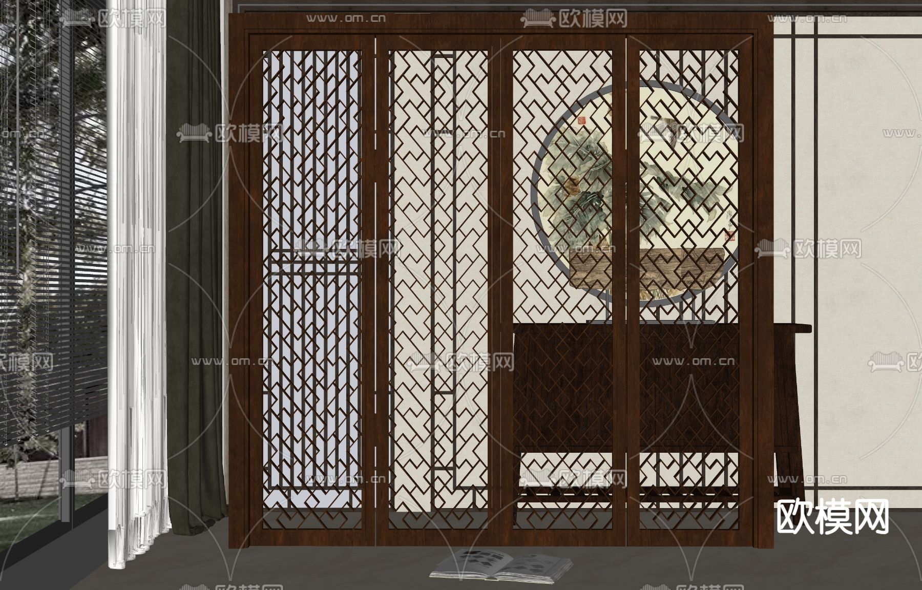 新中式推拉门su模型下载（渲染图2）