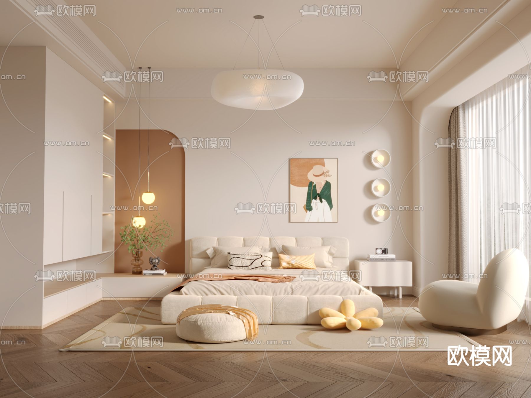 奶油风卧室 主卧 主人房3d模型下载（渲染图1）