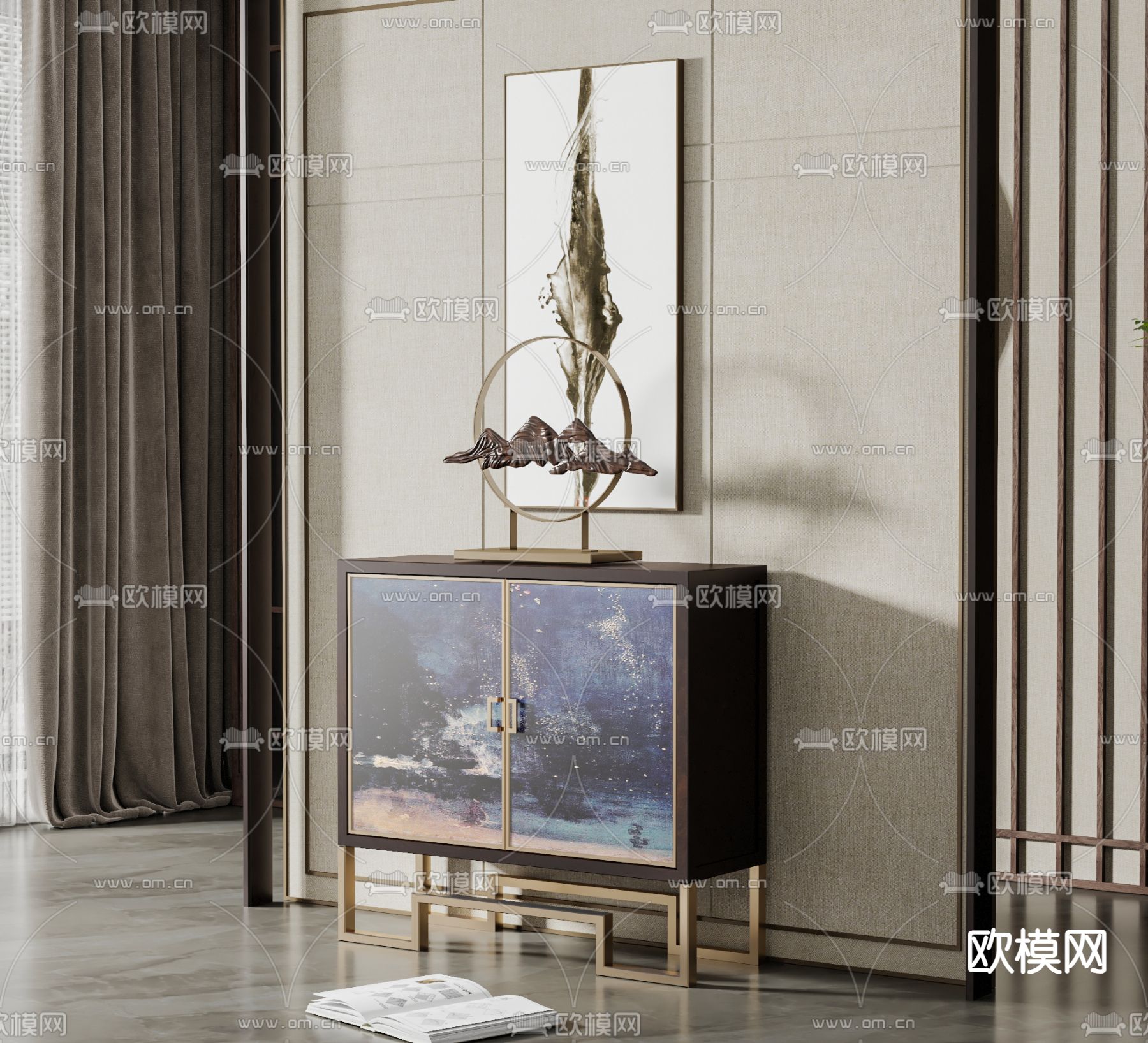 新中式玄关柜su模型下载（渲染图2）