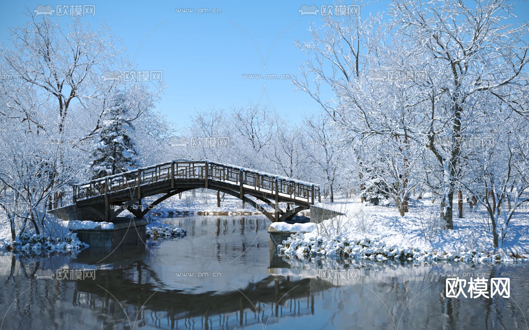 湖边天桥 拱桥 木栈道 雪景3d模型下载