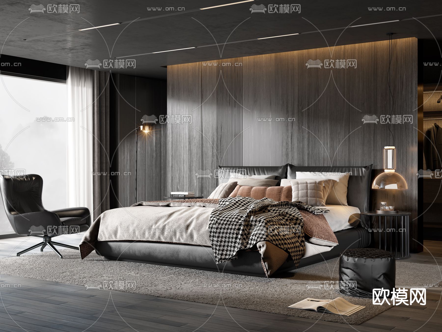 暗黑风卧室 主人房su模型下载（渲染图2）