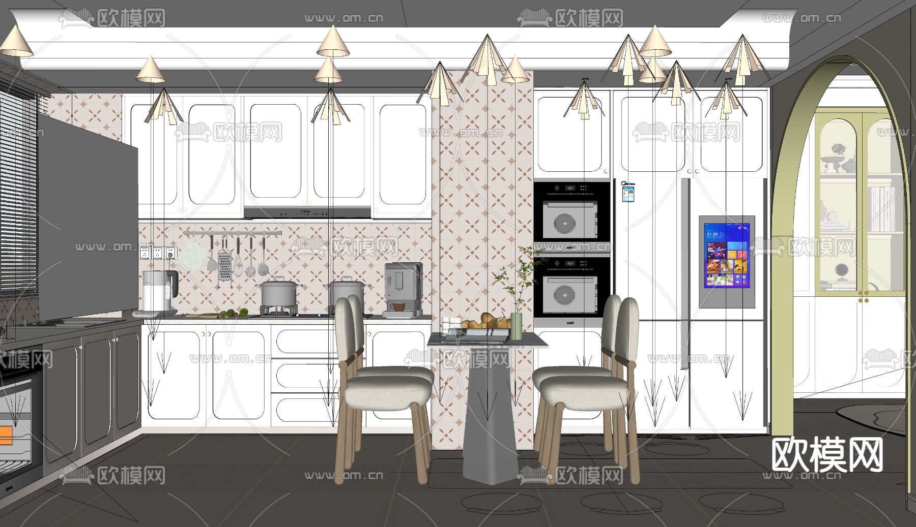法式开放式厨房su模型下载（渲染图1）