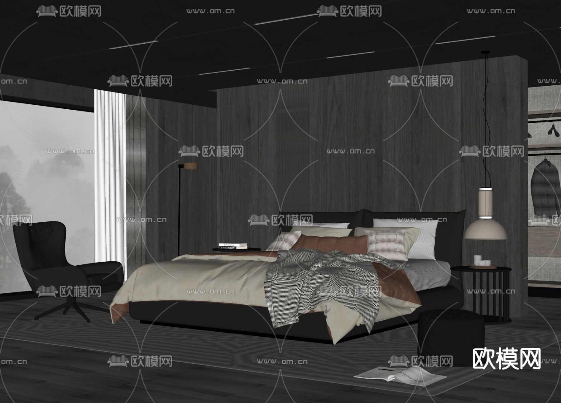 暗黑风卧室 主人房su模型下载（渲染图1）