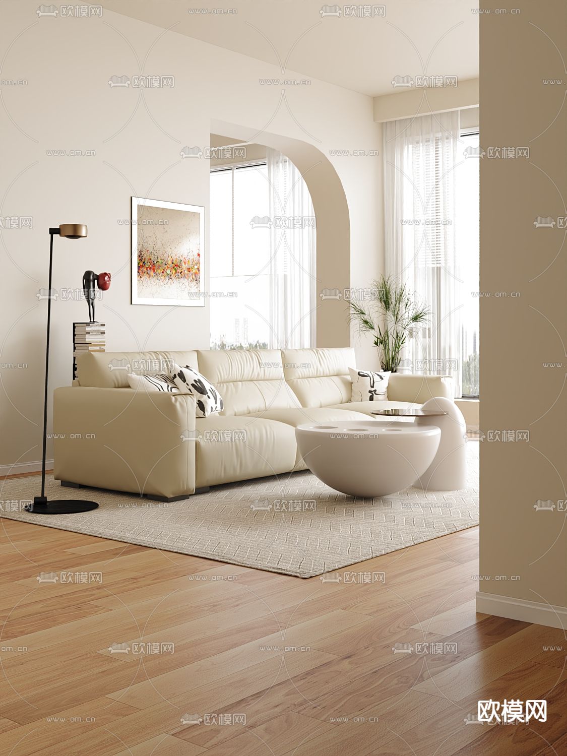 奶油风沙发 三人沙发 软体沙发3d模型下载（渲染图2）