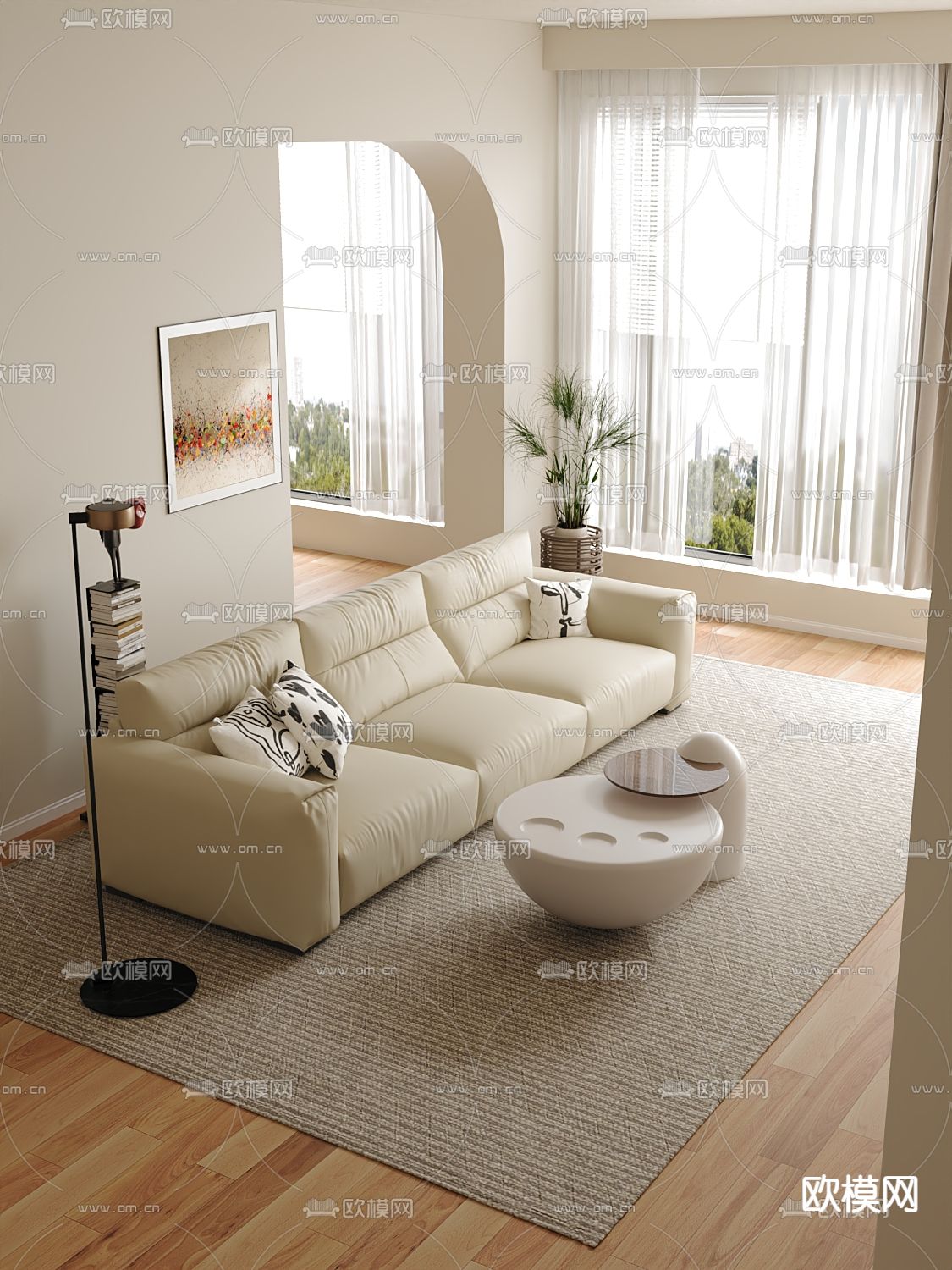 奶油风沙发 三人沙发 软体沙发3d模型下载（渲染图1）