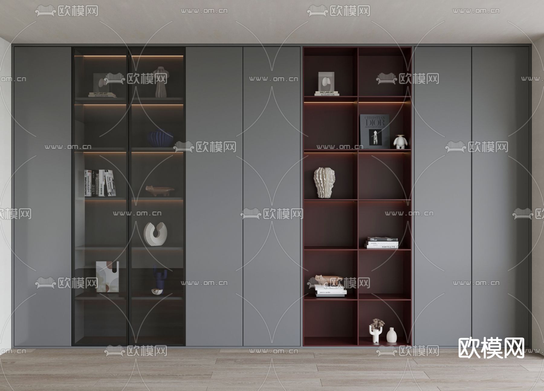 高级灰书柜 装饰柜 书架3d模型下载