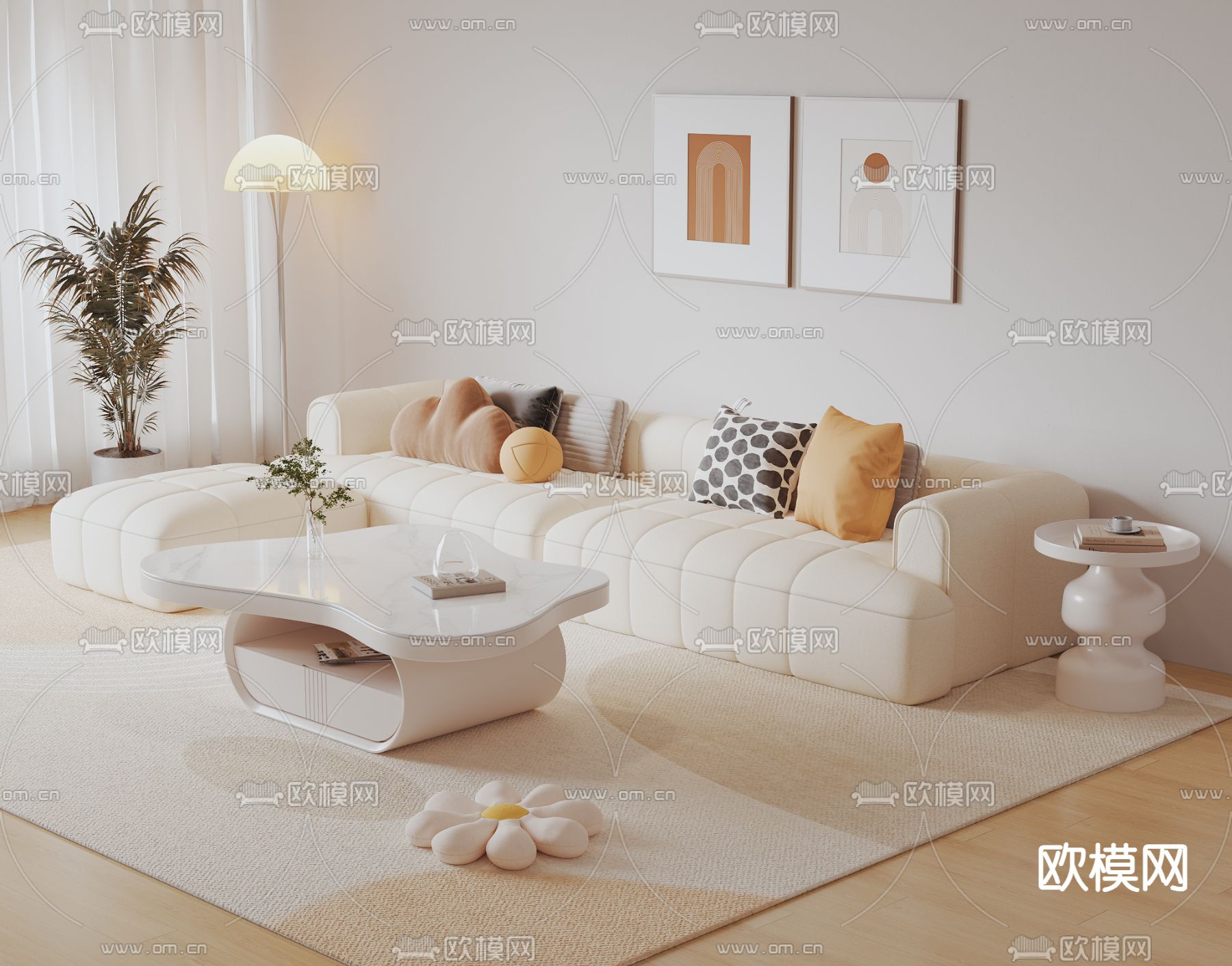 奶油风沙发 转角沙发3d模型下载