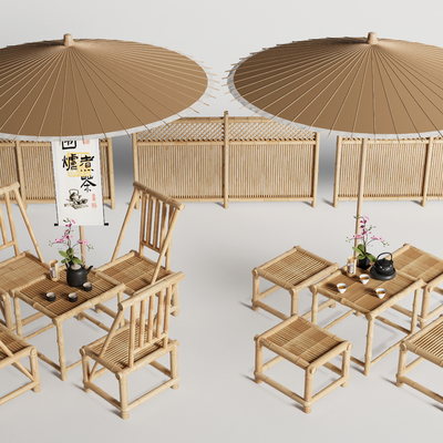  户外桌椅 竹编桌椅 围炉煮茶su模型 