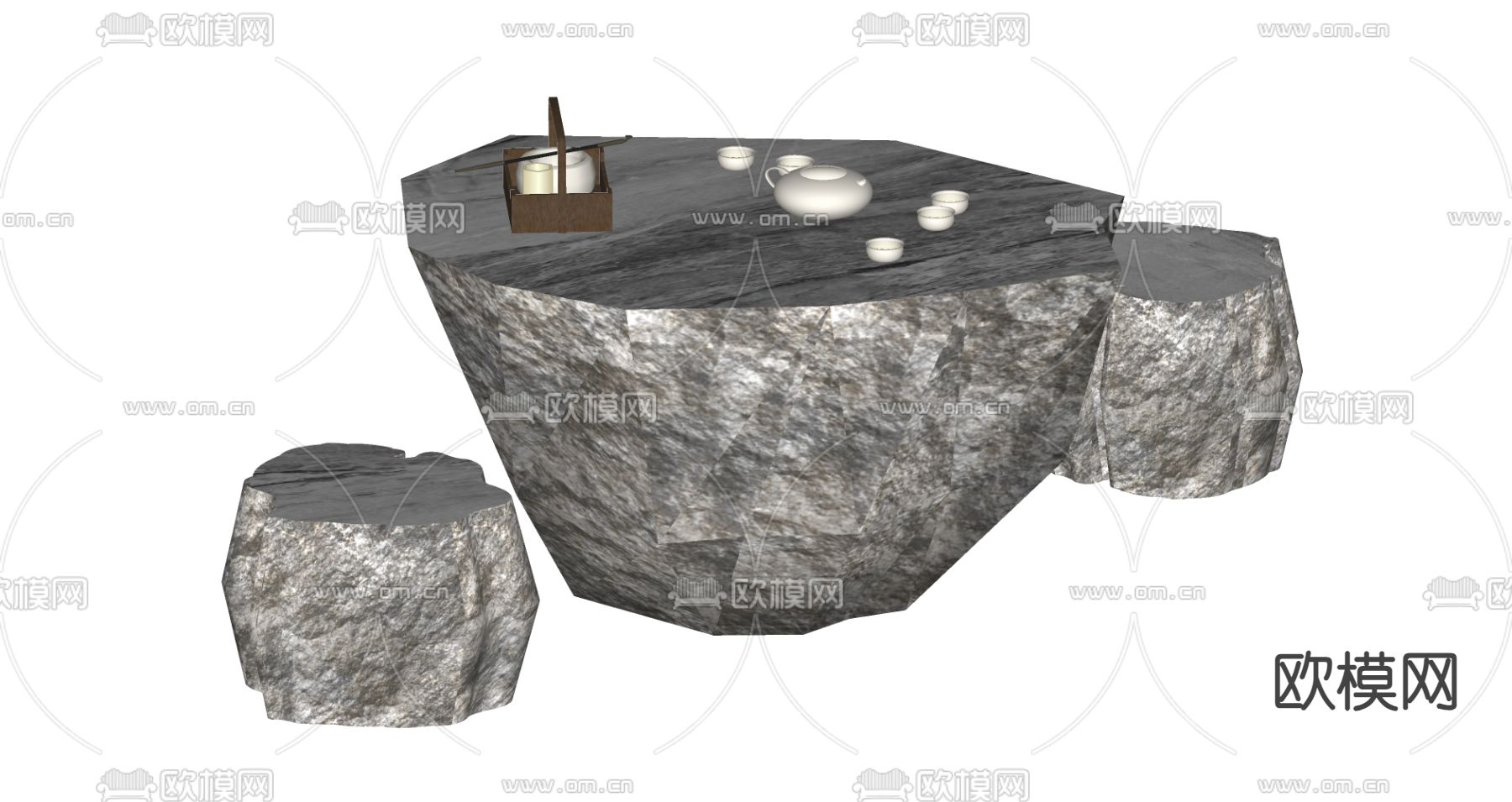 中式石桌 石凳su模型下载（渲染图1）