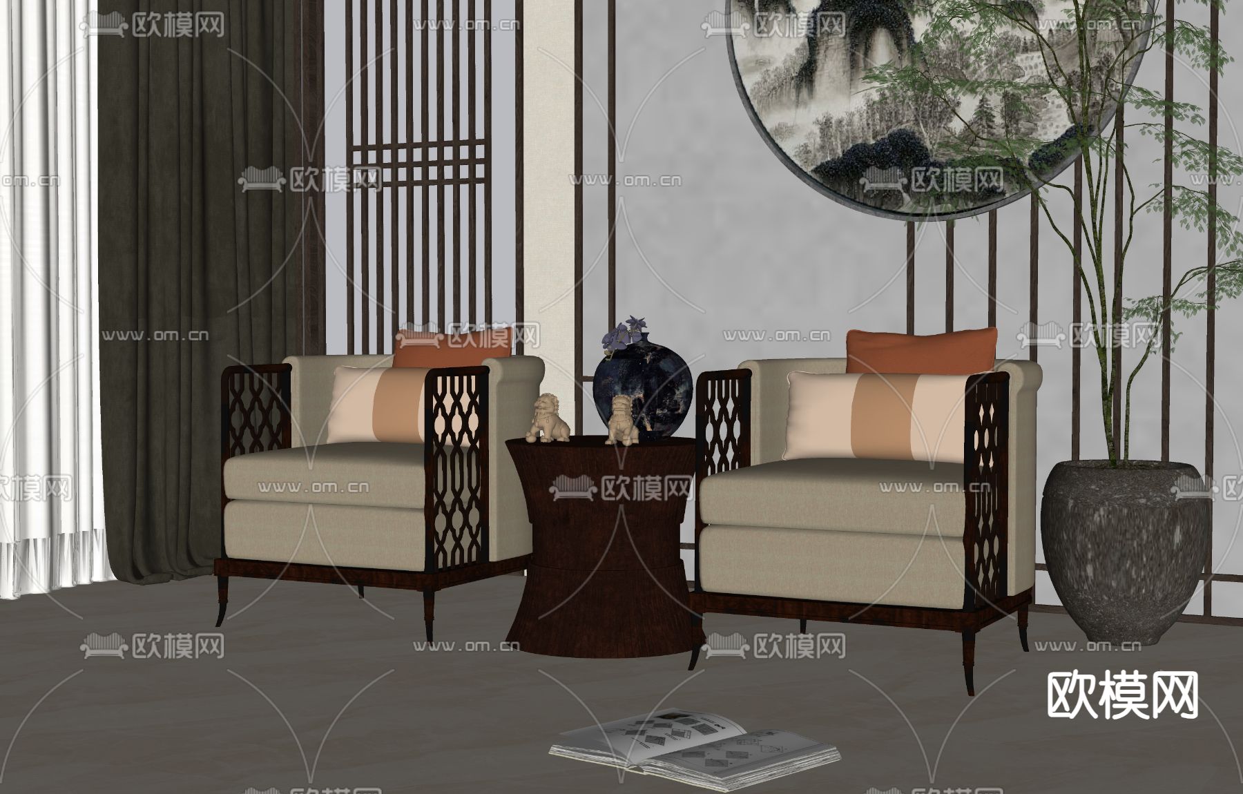 新中式单人沙发su模型下载（渲染图1）