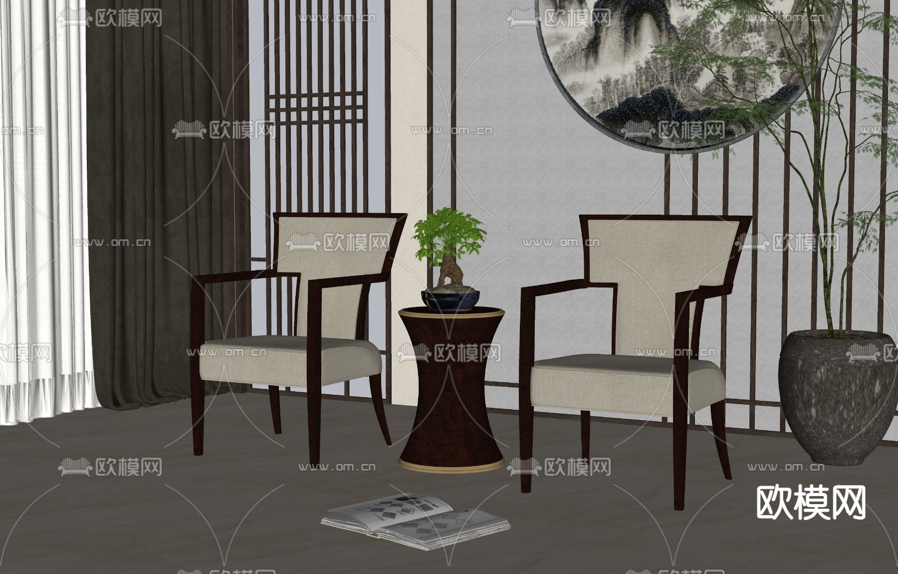 新中式休闲椅su模型下载（渲染图1）