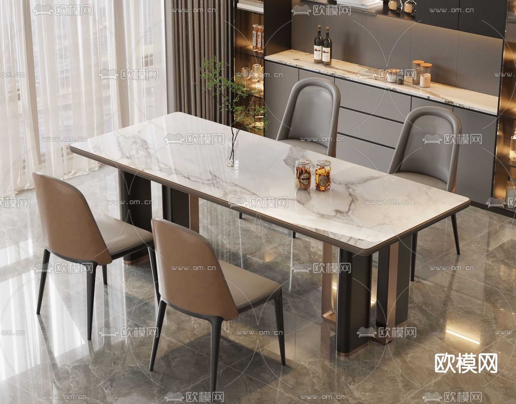 轻奢餐桌椅 岩板餐桌3d模型下载