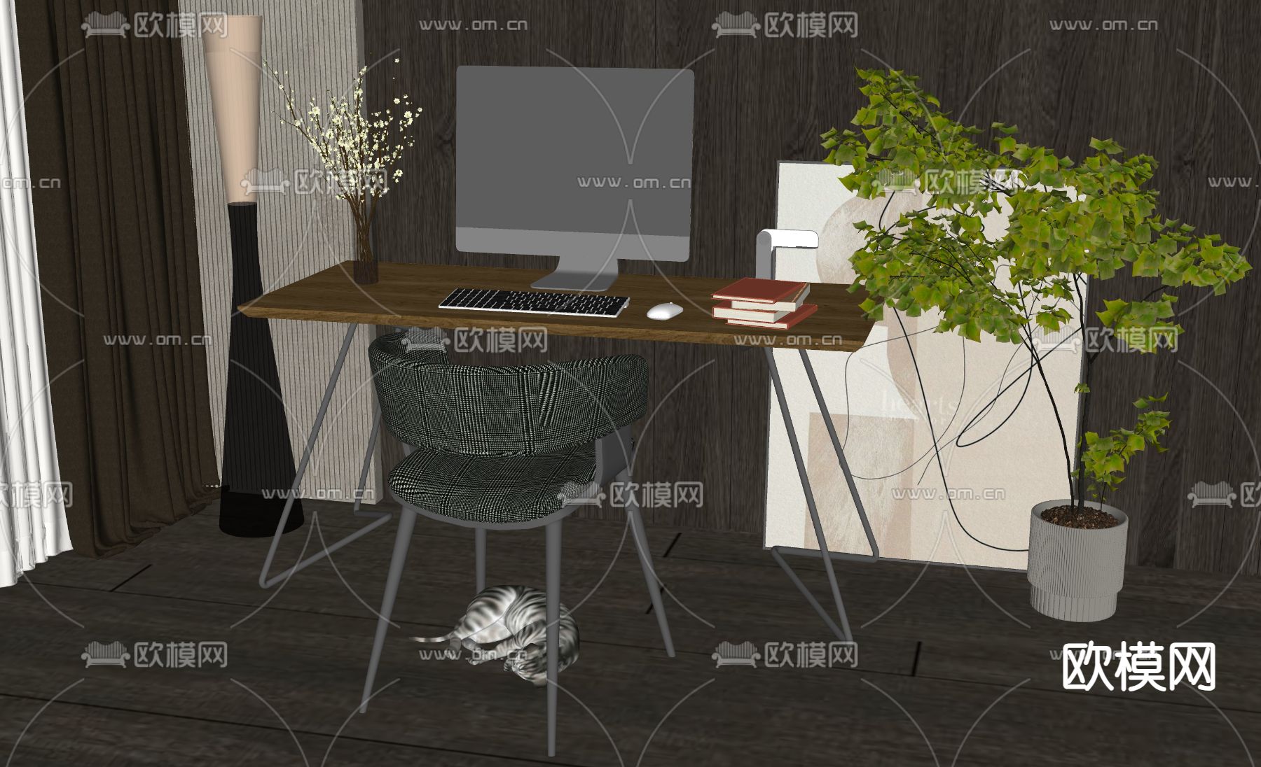 现代书桌椅su模型下载（渲染图1）