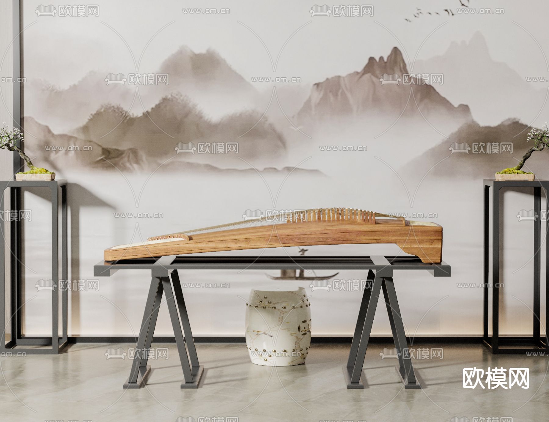 新中式古筝su模型下载（渲染图2）