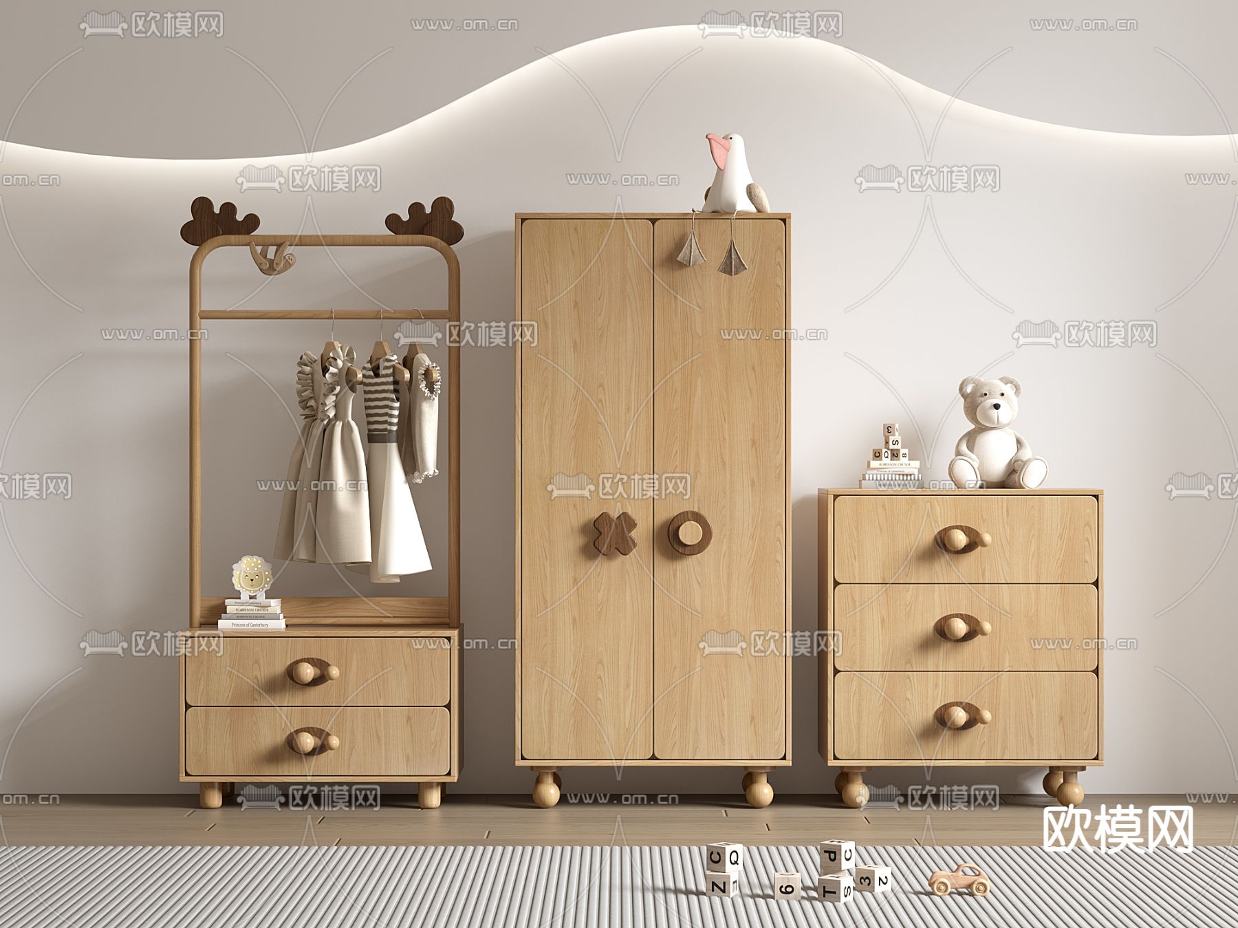 儿童衣柜 挂衣架 收纳柜3d模型下载