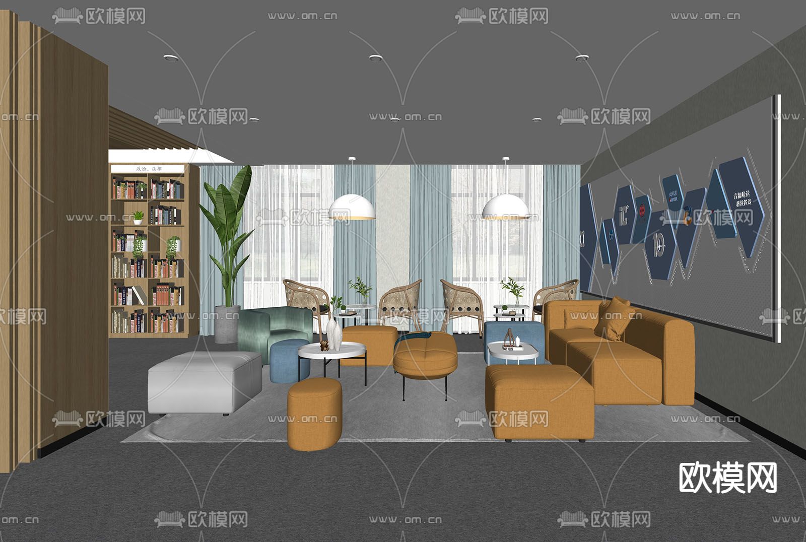现代书吧休闲区su模型下载（渲染图1）