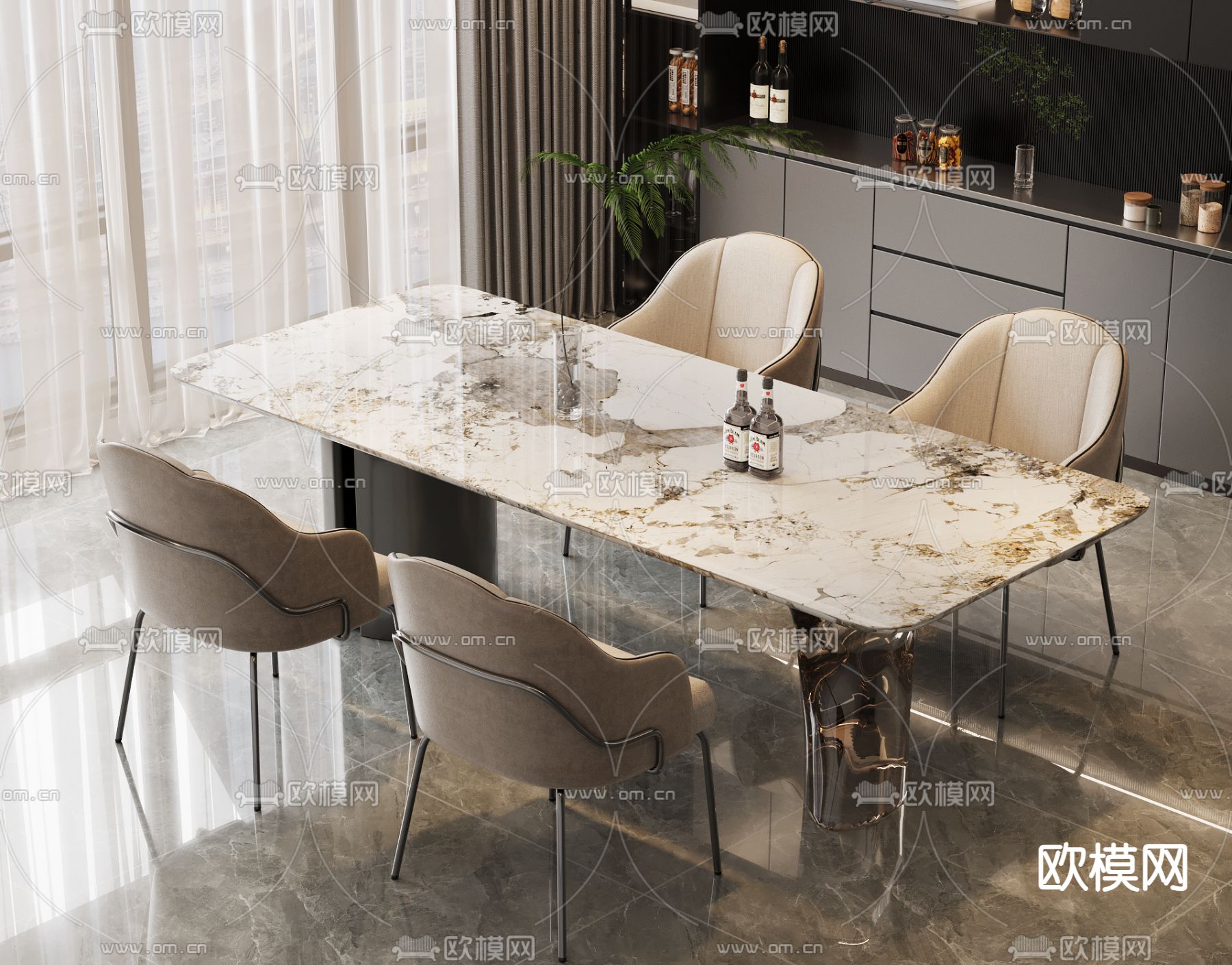 轻奢餐桌椅 岩板餐桌3d模型下载