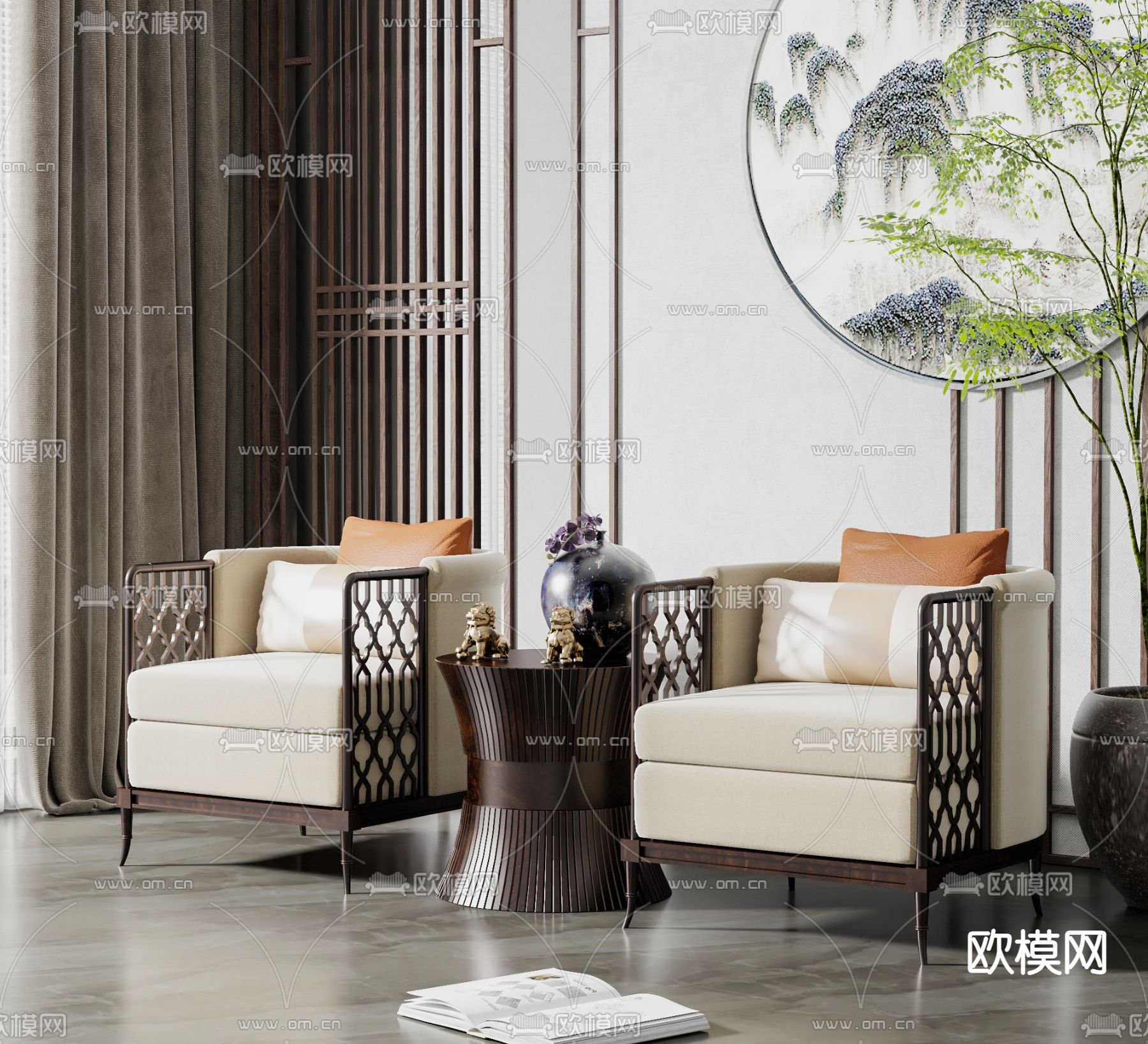 新中式单人沙发su模型下载（渲染图2）