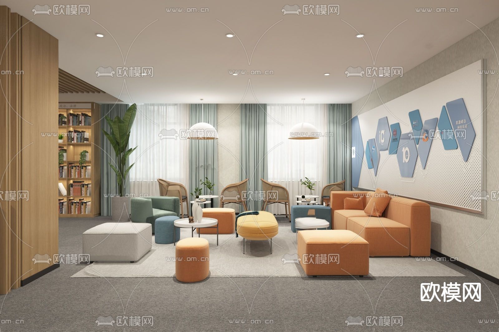 现代书吧休闲区su模型下载（渲染图2）