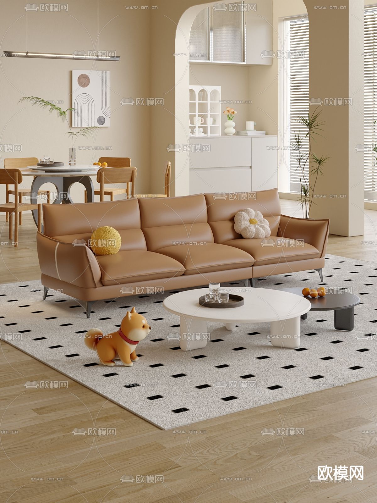 奶油风皮沙发 多人沙发 三人沙发3d模型下载