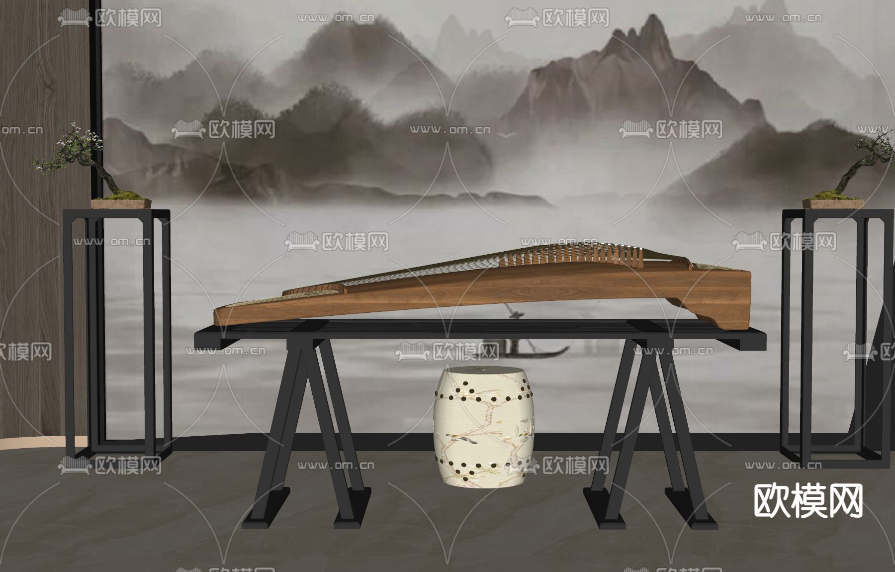 新中式古筝su模型下载（渲染图1）