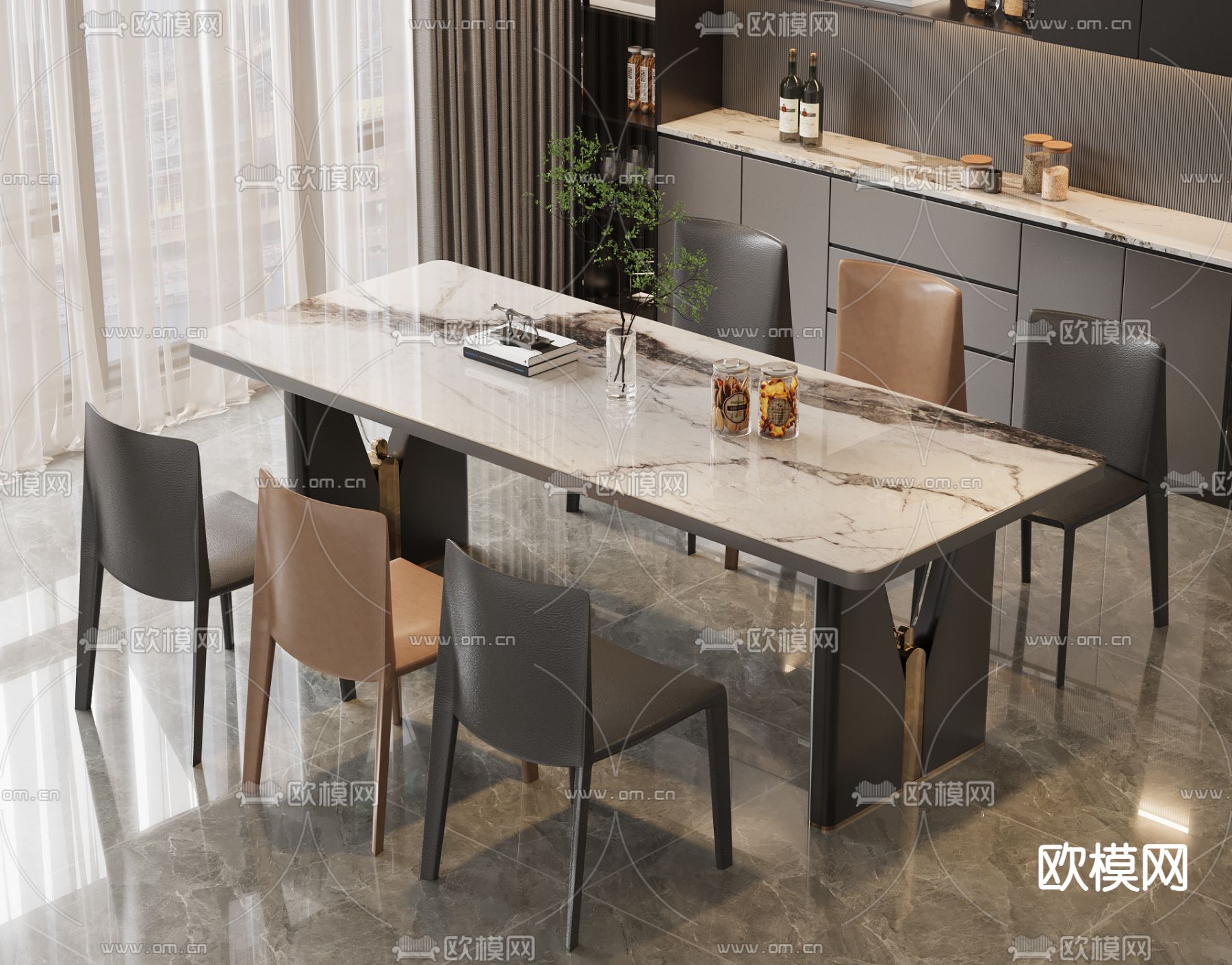 轻奢餐桌椅 岩板餐桌3d模型下载
