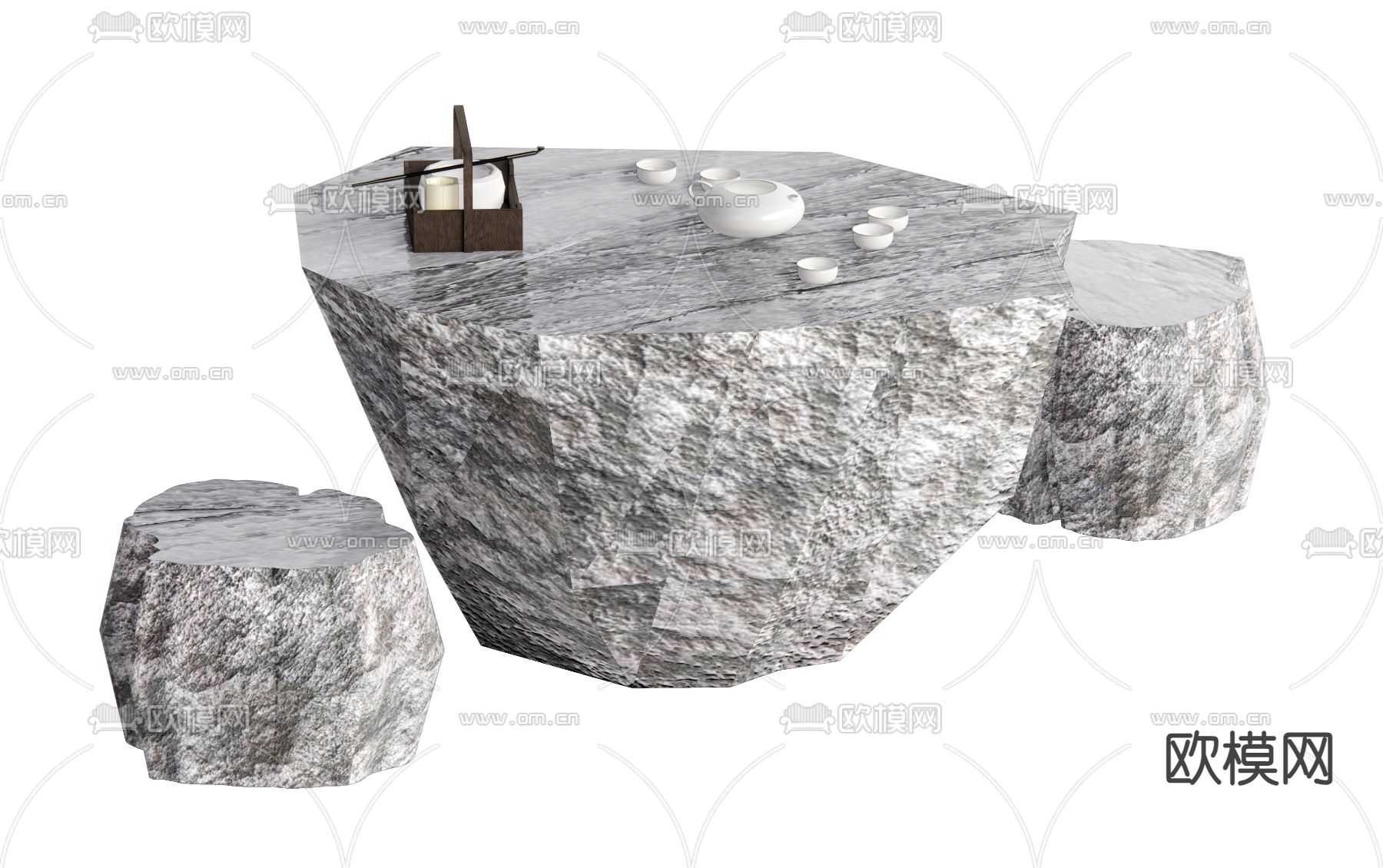 中式石桌 石凳su模型下载（渲染图2）
