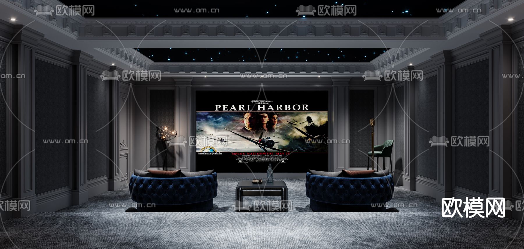 简欧影音室 视听室 家庭影院3d模型下载（渲染图1）