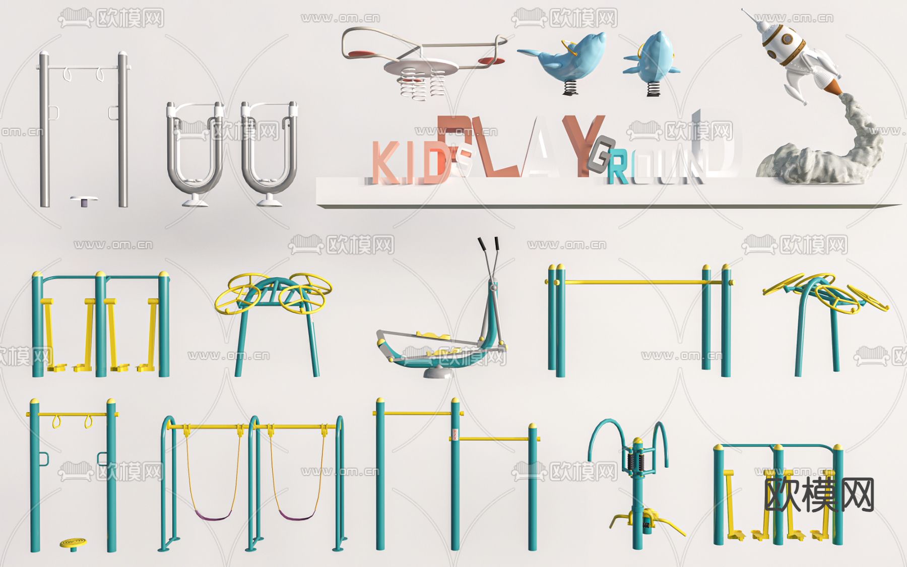 现代户外健身器材 运动器材 健身器械su模型下载（渲染图1）