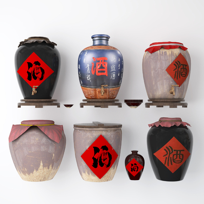  新中式酒坛 酒罐su模型 