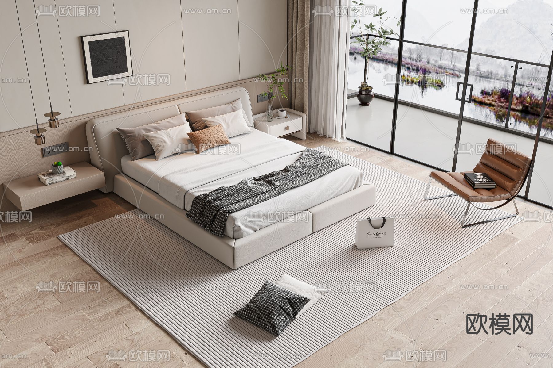 现代双人床su模型下载（渲染图1）