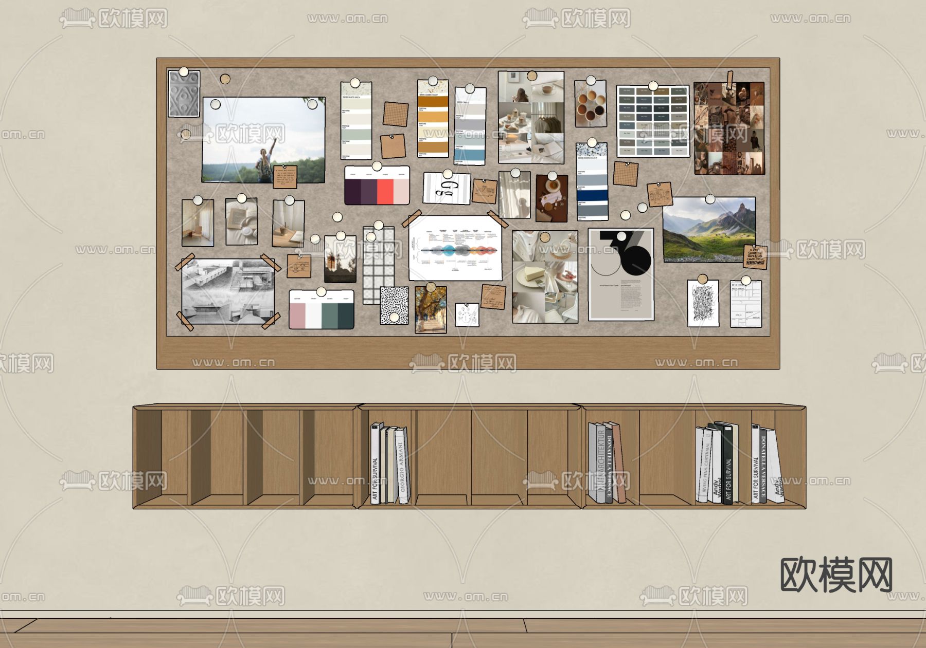 毛毡照片墙 墙柜 便签板su模型下载（渲染图1）
