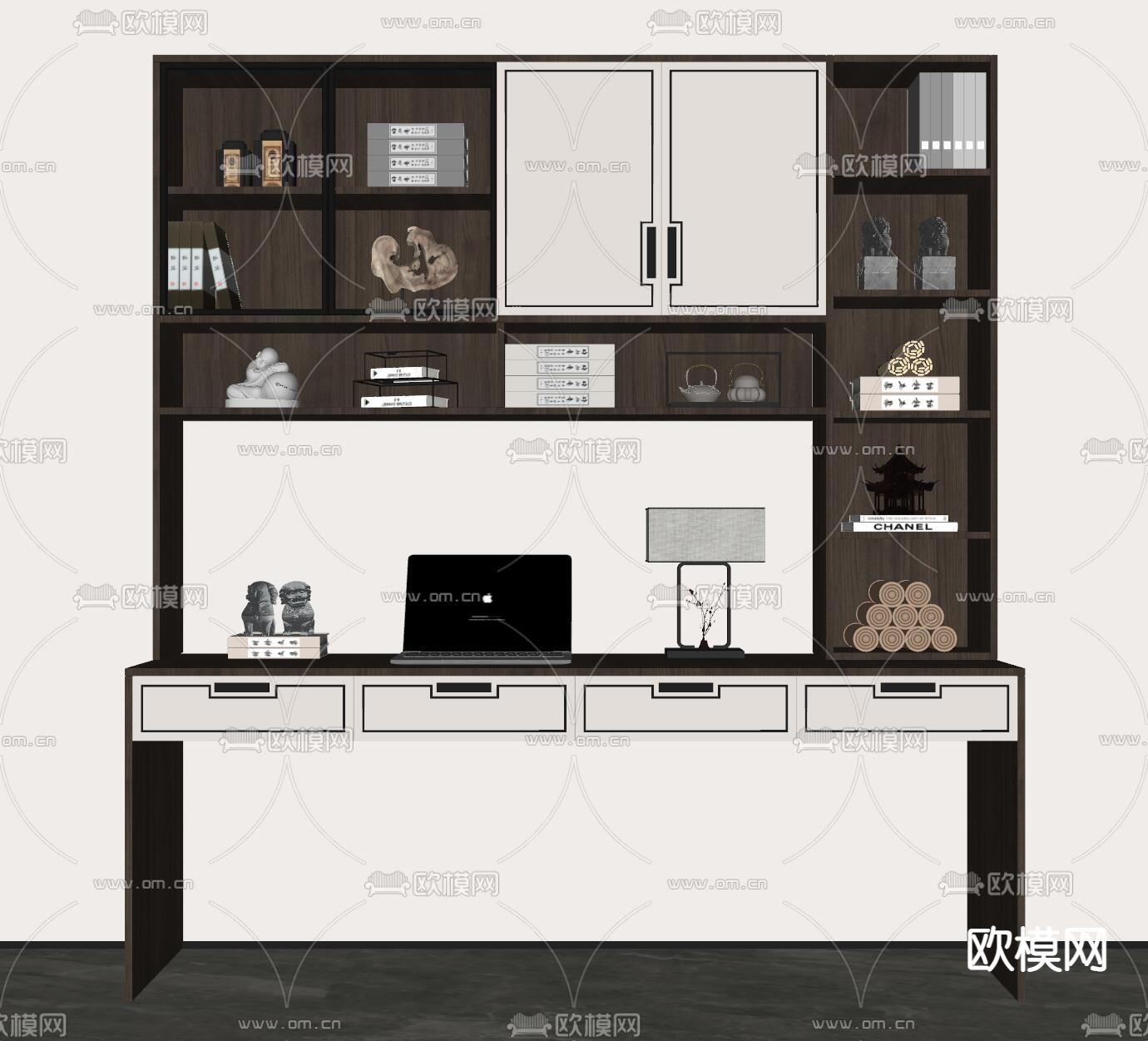 新中式书桌su模型下载（渲染图1）